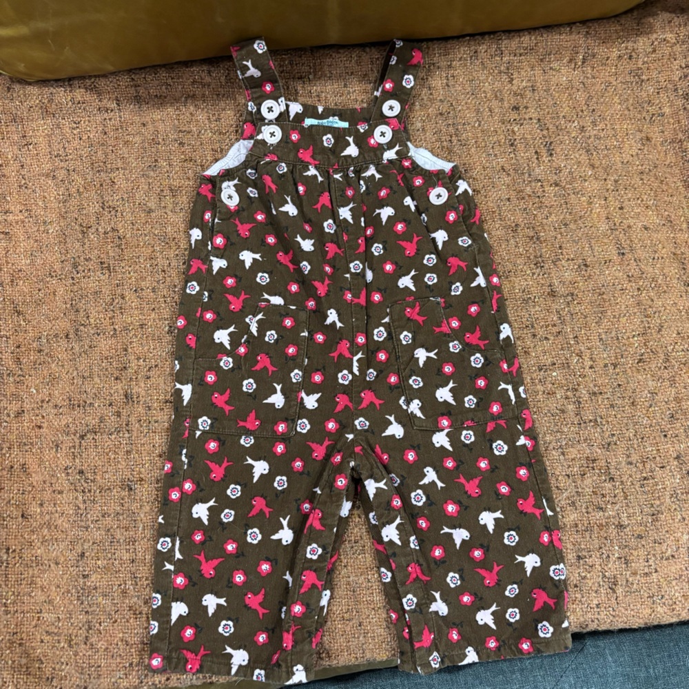 Baby Boden 6-12months Brown Corduroy, Overalls w/Hot Pink/White Birds &Flowers
